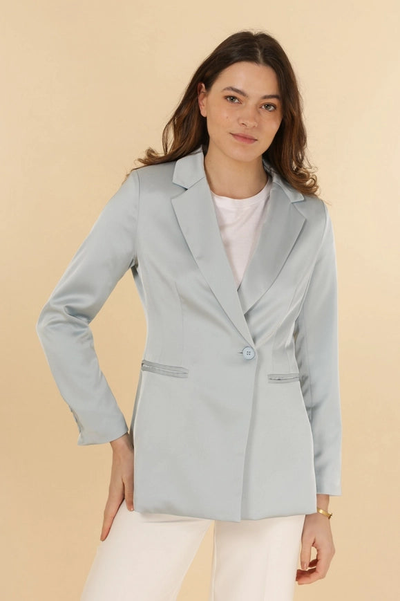 Plain Fitted Satin Jacket Sky Blue-Jacket-Attentif Paris-S-Urbanheer