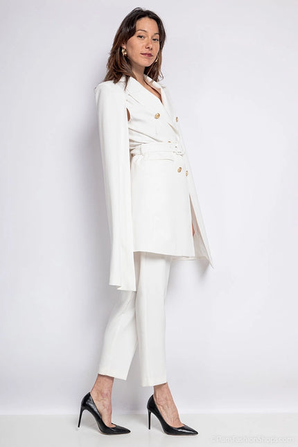 Mid-Length Cape Jacket with Belt White-Jacket-Attentif Paris-Urbanheer