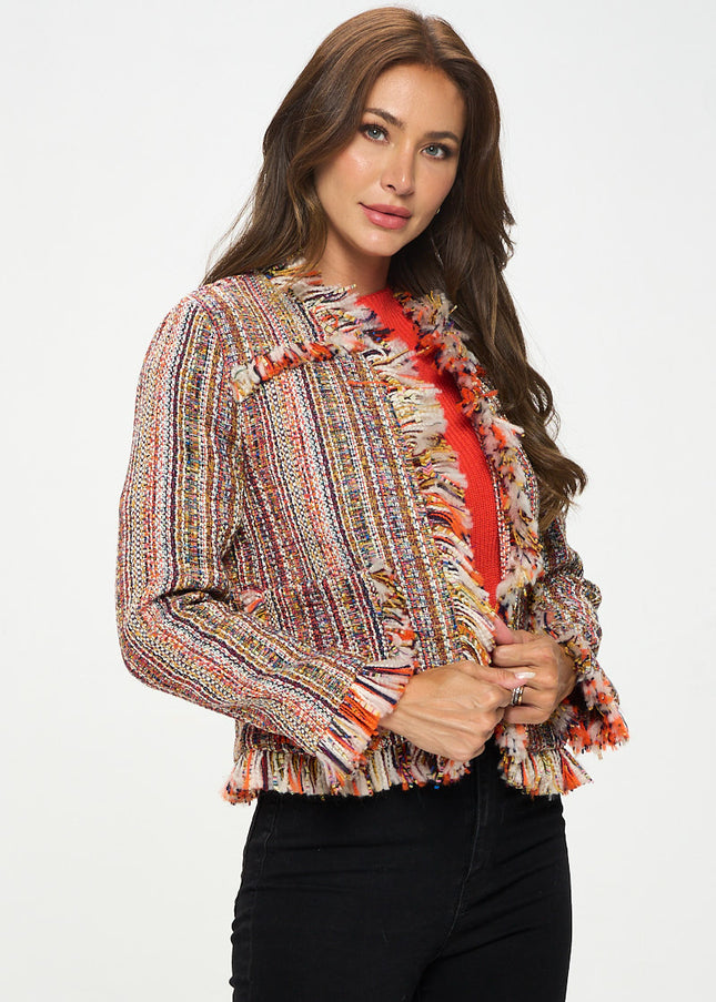 Multicolor Open Front Blazer Cardigan With Frayed Hem-Renee C.-Urbanheer