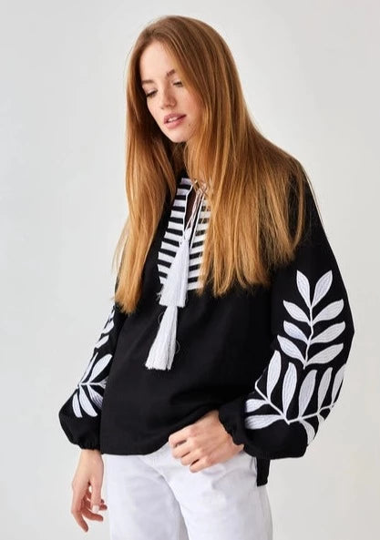 Embroidered Blouse Fern Black & White-Clothing - Women-Handmade Originals Ukraine-S-Urbanheer