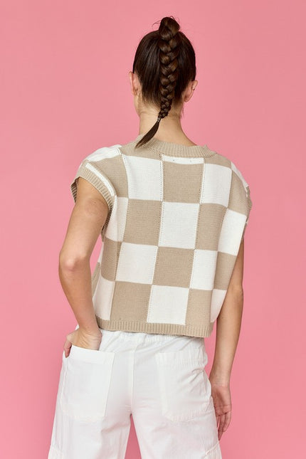 Hannah Loose Fit Checker Knit Top Taupe-TOP-Papermoon-Urbanheer