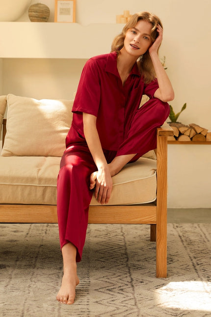 Short Sleeve Silk Pajamas Claret-Pajamas-MommeSilk-Urbanheer