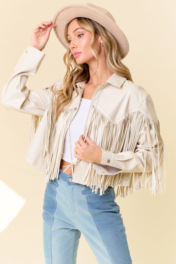 Cream Pu Silver Studded Fringe Button Down Jacket-Jacket-Saints & Hearts-Urbanheer