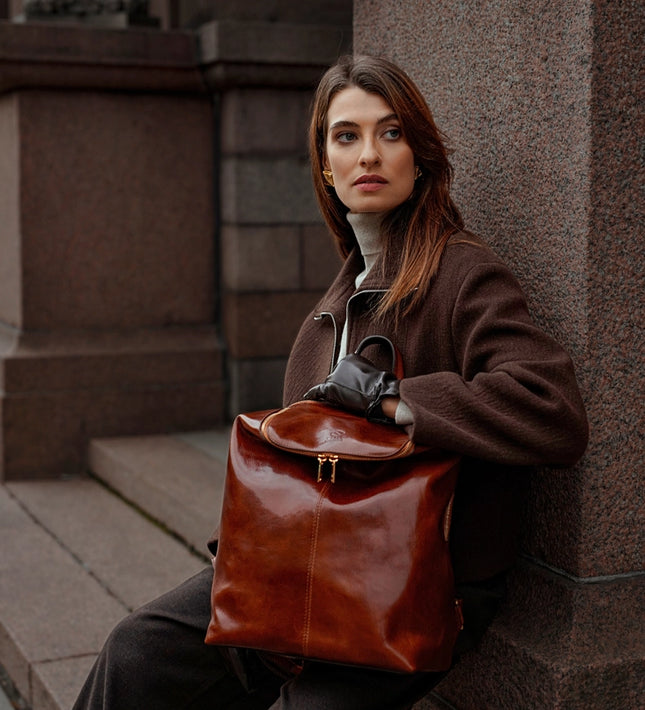 Brown Leather Backpack For Women - A Bend in the River Cognac