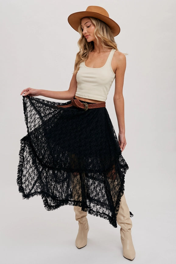 Lace Tier Midi Skirt BLACK