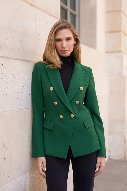 Blazer Jacket with Gold Buttons, Winter Material Green-Jacket-Attentif Paris-S-Urbanheer