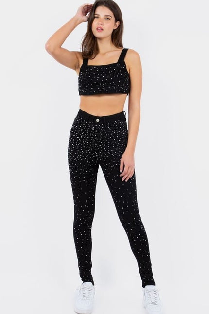 Set - Matching Set with Crop Top Rhinestones Black-Sets-LABIJOU-S-Urbanheer