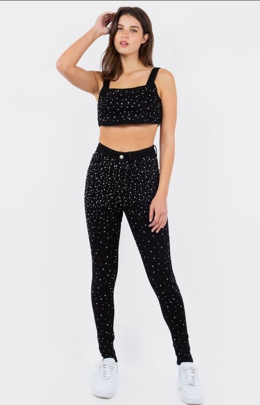 Set - Matching Set with Crop Top Rhinestones Black-Sets-LABIJOU-S-Urbanheer