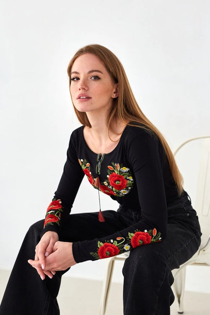 Embroidered Sweater Crimson Poppies Black-Clothing - Women-Handmade Originals Ukraine-Urbanheer