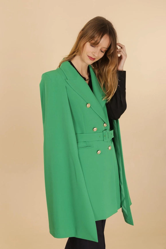 Mid-Length Cape Jacket with Belt Green-Jacket-Attentif Paris-Urbanheer