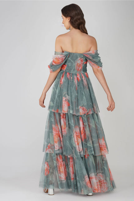 Sydney Tulle Maxi Dress in Sage Green Floral