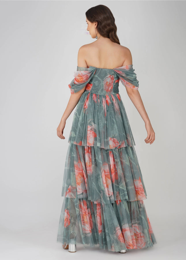 Sydney Tulle Maxi Dress in Sage Green Floral