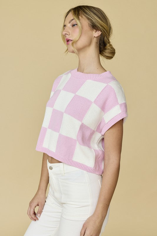 Hannah Loose Fit Checker Knit Top Pink-TOP-Papermoon-Urbanheer