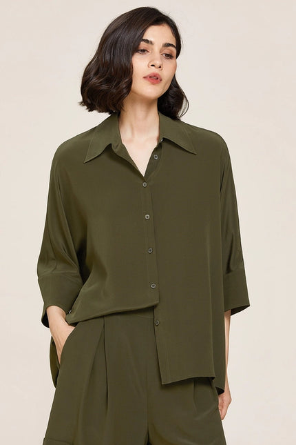 Weekend Oversize Silk Co-Ord Set Olive Green-Sets-MommeSilk-Urbanheer