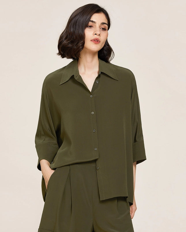 Weekend Oversize Silk Co-Ord Set Olive Green-Sets-MommeSilk-Urbanheer