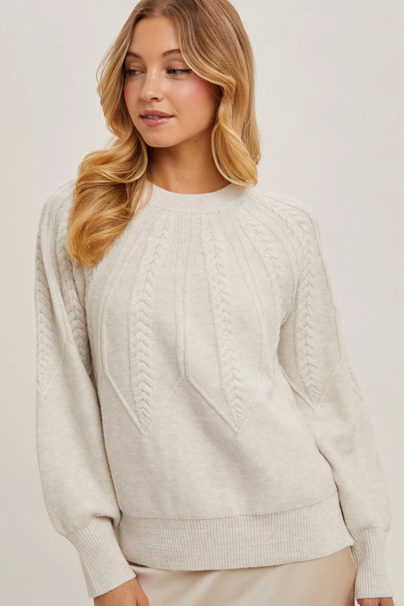 Long Sleeve Crew Neck Cable Knit Sweater OATMEAL