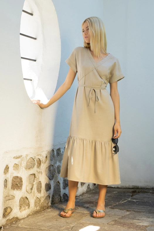 Mykonos Linen Midi Dress with A Low Tiered Hem with Belt