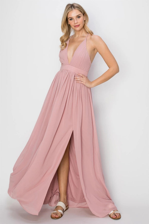 SLEEVELESS Double Strap Slit Maxi Dress PINK-Dress-HYFVE-Urbanheer