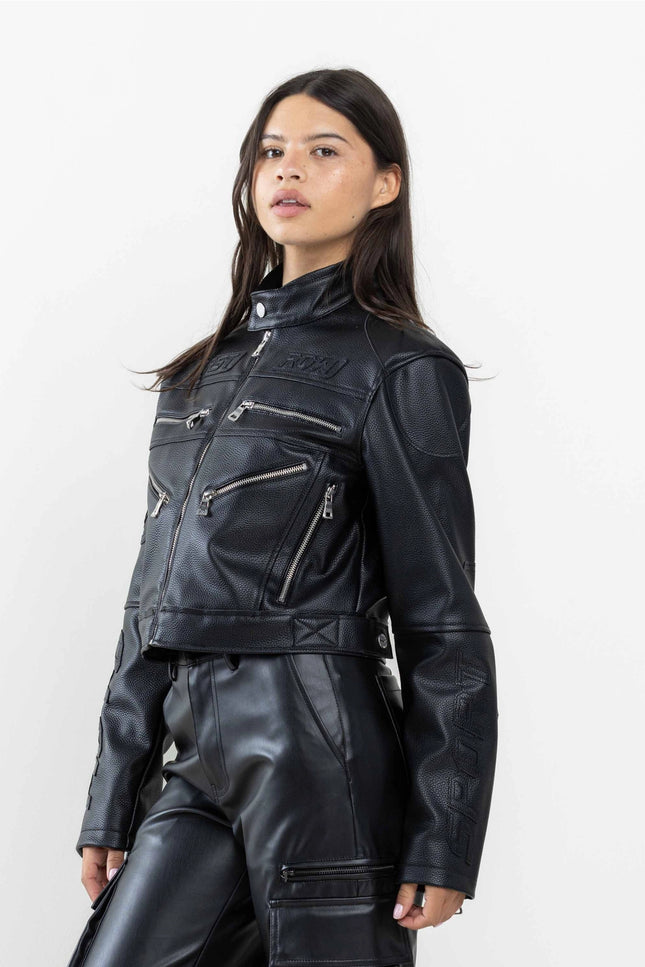 Leather Racing Cropped Jacket-Clothing - Women-Vibrant M.i.U-Urbanheer