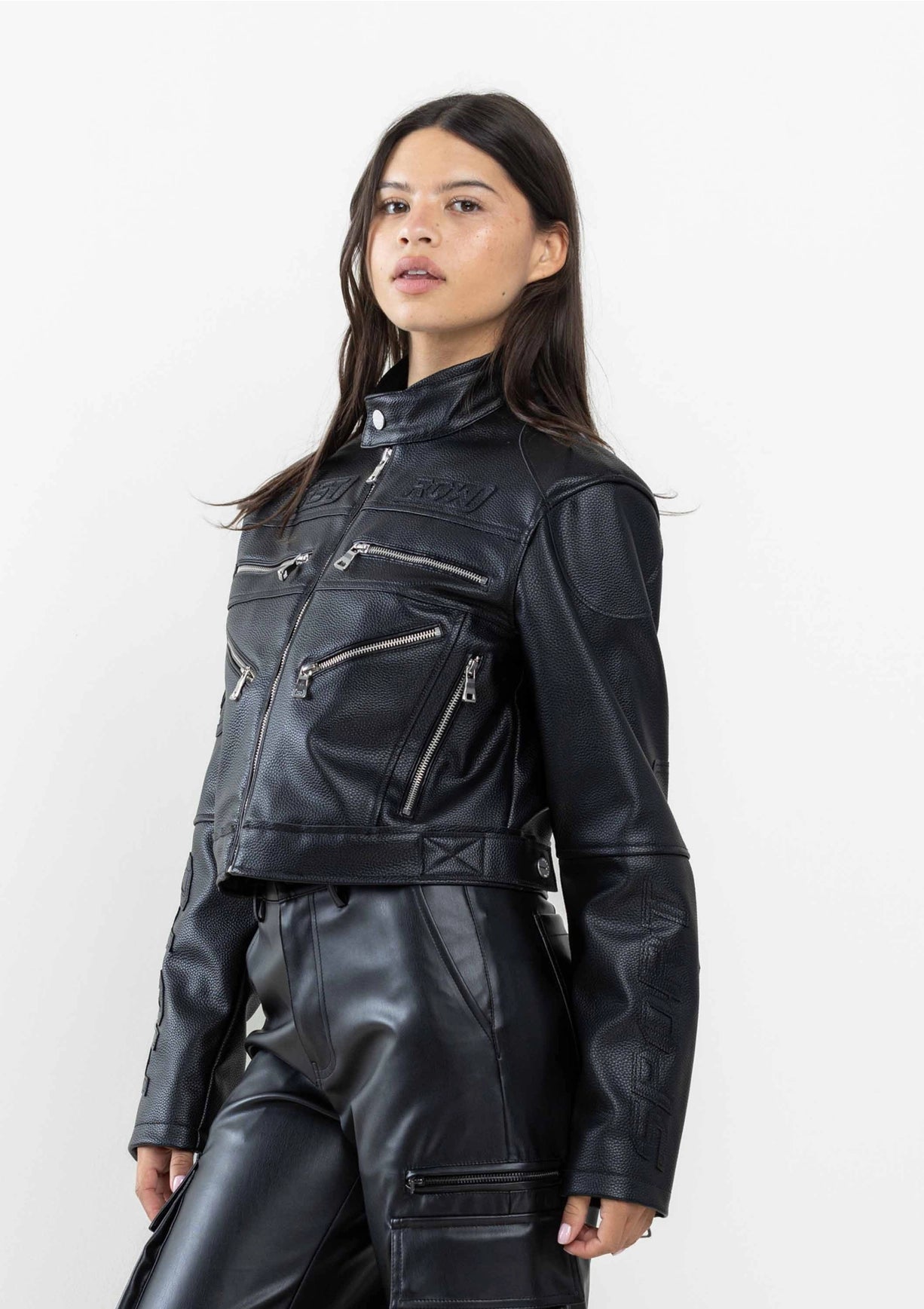 Leather Racing Cropped Jacket-Clothing - Women-Vibrant M.i.U-Urbanheer