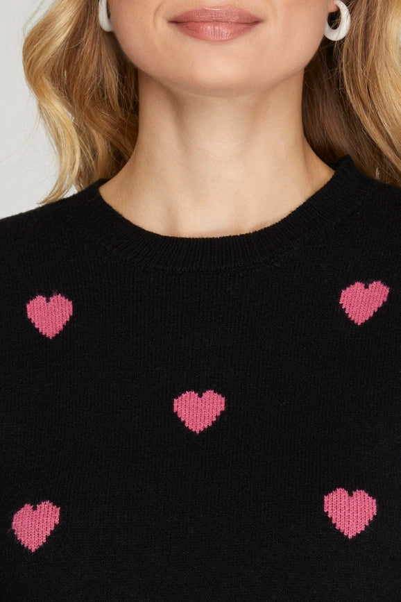 Short Puff Sleeve Heart Pattern Sweater Top