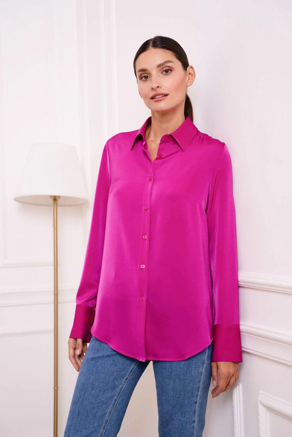 Plain Satin Shirt with Lapel Collar Magenta-SHIRT-Attentif Paris-Urbanheer