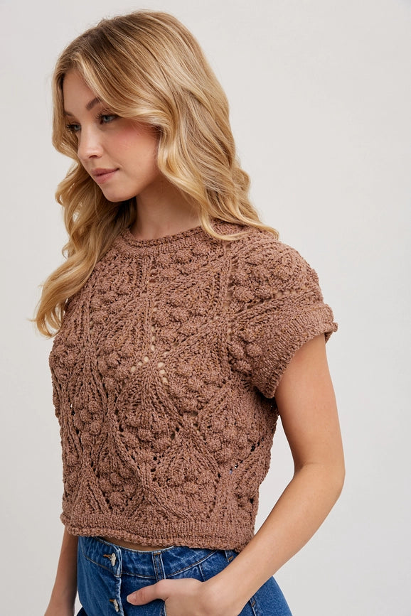 Knit Sweater Short Sleeved Pullover MOCHA