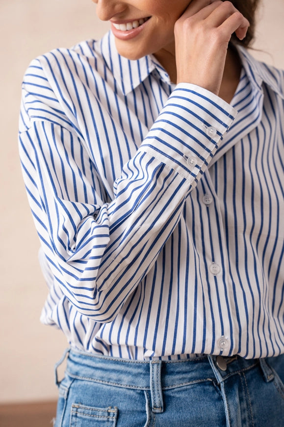 Striped Cotton Shirt with Lapel Collar Navy Blue-SHIRT-Attentif Paris-Urbanheer