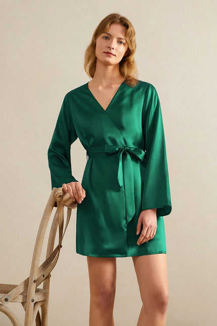 Loose Collarless Silk Emerald Green-Robe-MommeSilk-XS-Urbanheer