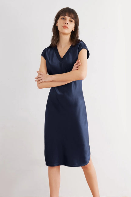 Relaxed Fit Night Gown Navy Blue-Night Gown-MommeSilk-Urbanheer