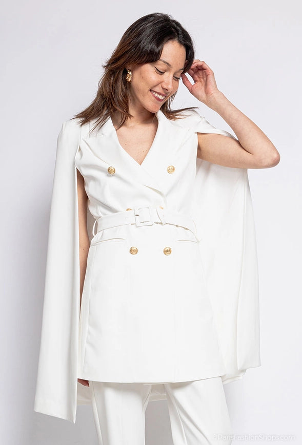 Mid-Length Cape Jacket with Belt White-Jacket-Attentif Paris-Urbanheer