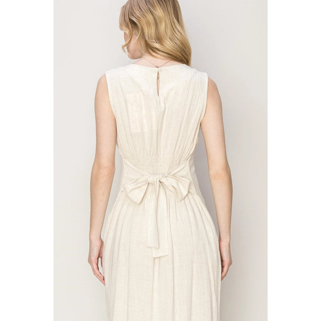 D-LINEN Blended Tie Waist Dress OATMEAL-Dress-HYFVE-Urbanheer