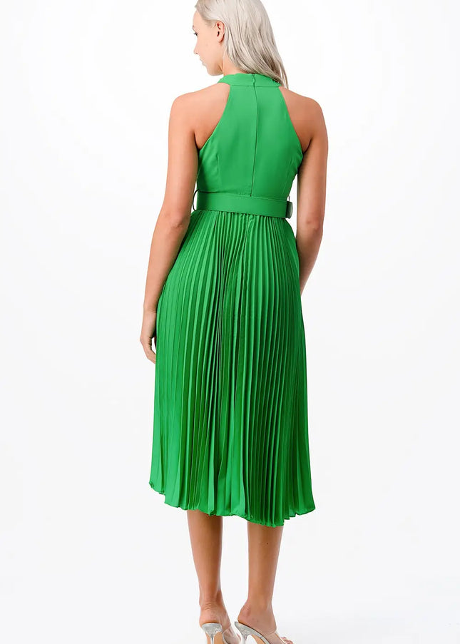 Cross Over Pleats Midi Dress- Green-Clothing - Women-Neon Blush-Urbanheer