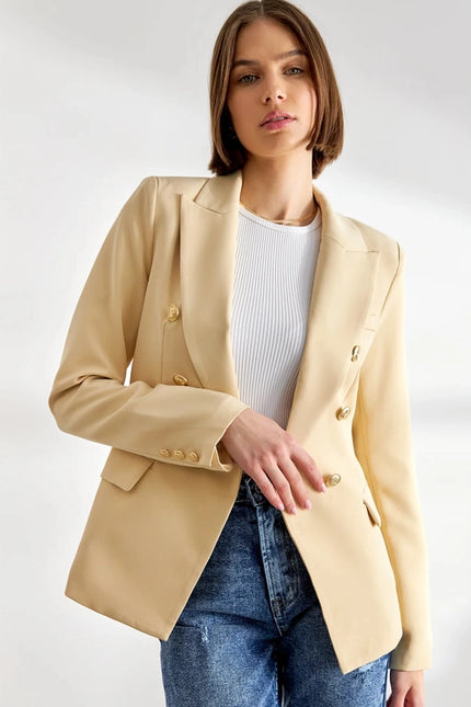 Timeless Fitted Blazer Jacket with Gold Double-Breasted Buttons Beige-Jacket-Attentif Paris-Urbanheer