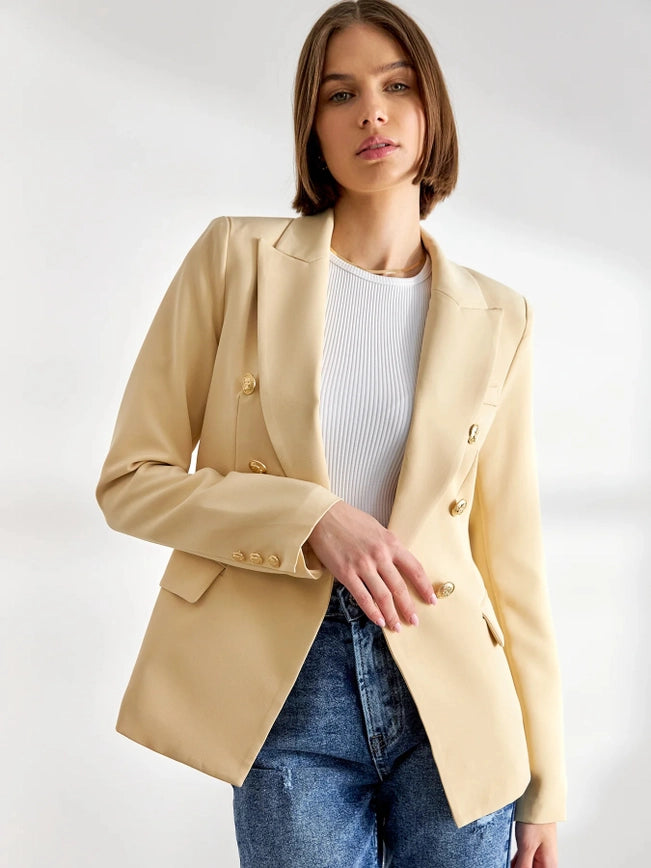 Timeless Fitted Blazer Jacket with Gold Double-Breasted Buttons Beige-Jacket-Attentif Paris-Urbanheer