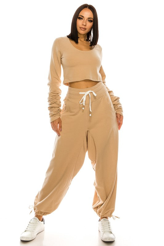 High Waisted Baggy French Terry Pants Beige-Pants-LABIJOU-Urbanheer