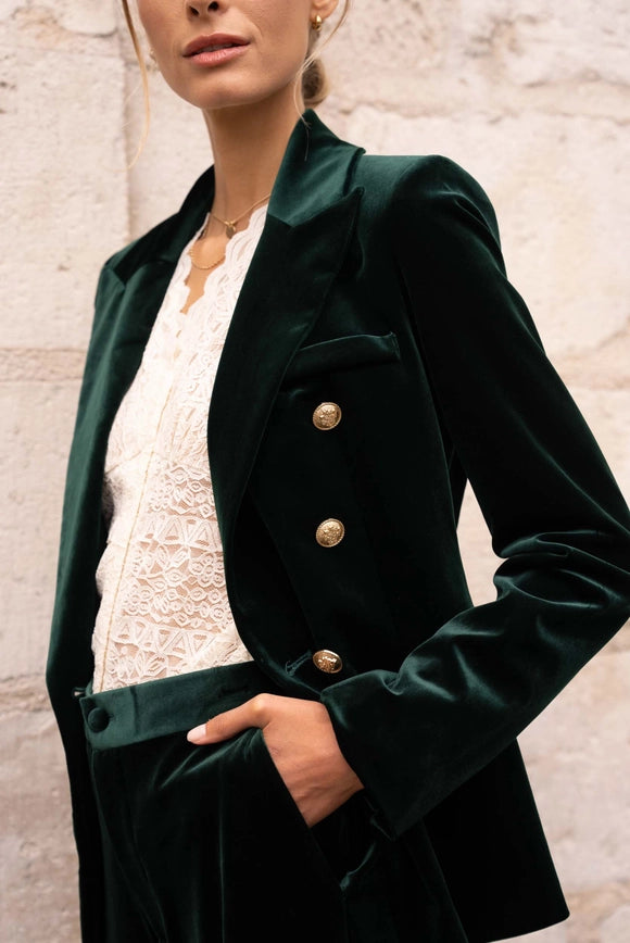 Fitted Velvet Jacket Bottle Green-Jacket-Attentif Paris-Urbanheer