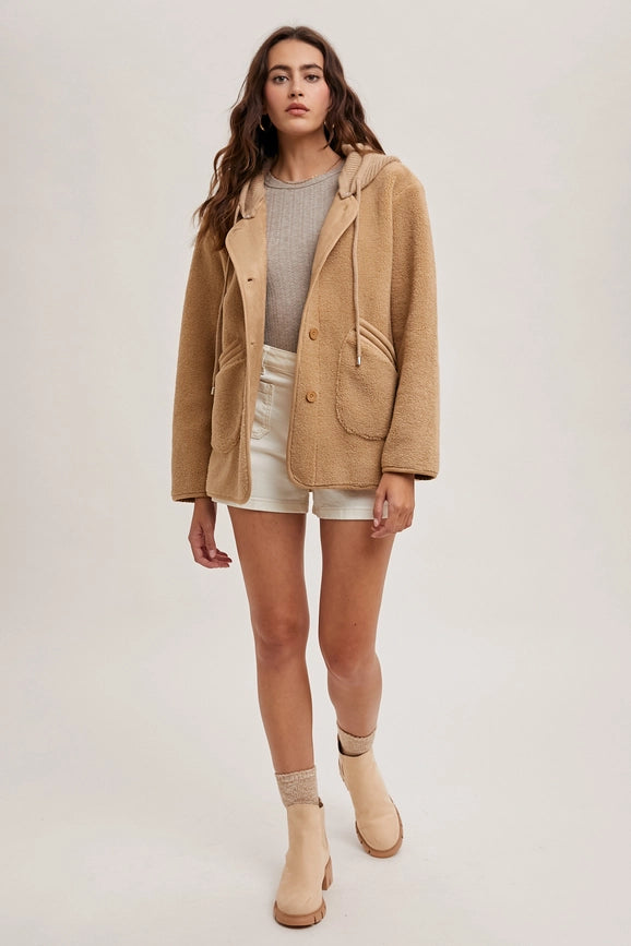 Fleece Hooded Button Down Jacket Inner Faux Suede LATTE