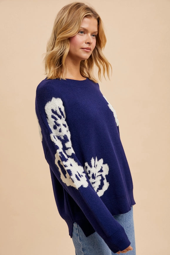 Intarsia Floral Knitted Sweater NAVY