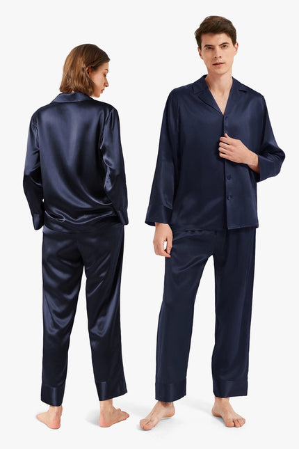 His & Hers Classic Silk Pajamas Navy Blue-Pajamas-MommeSilk-Urbanheer