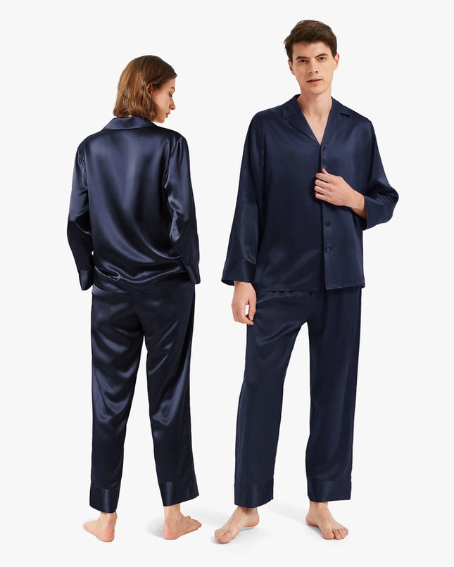 His & Hers Classic Silk Pajamas Navy Blue-Pajamas-MommeSilk-Urbanheer