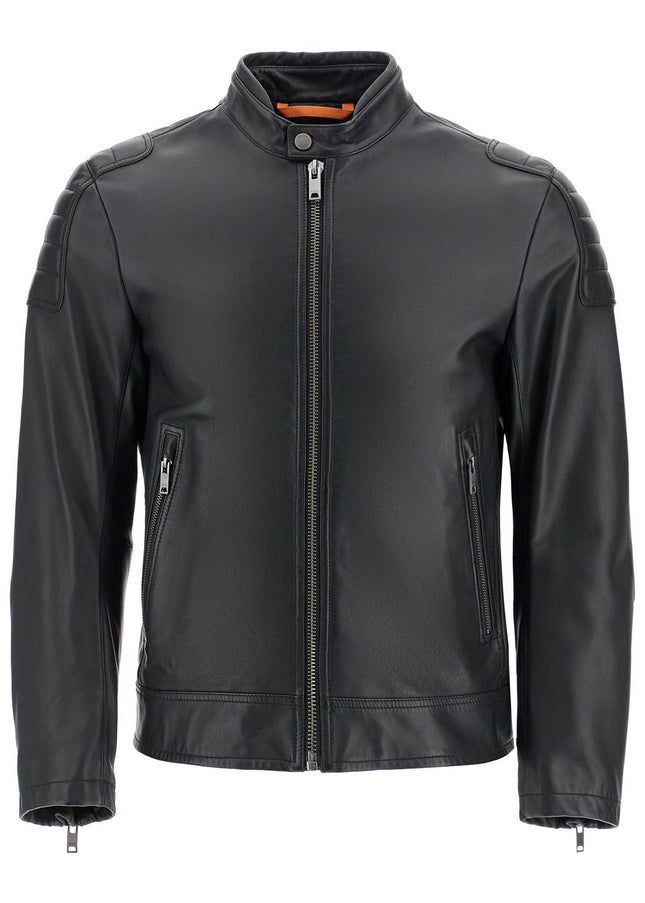 Boss black leather jacket with high collar and quilted details