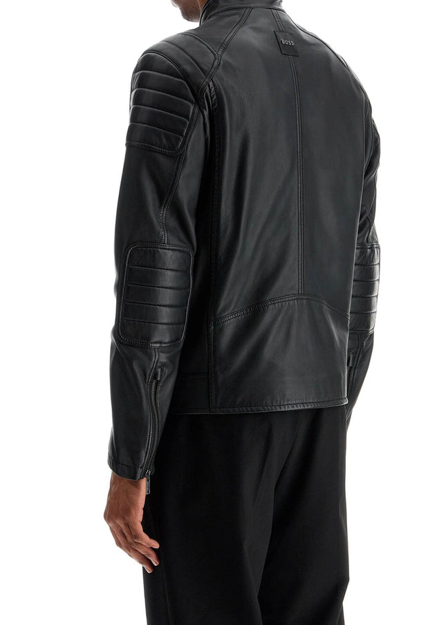 Boss black leather jacket with high collar and quilted details