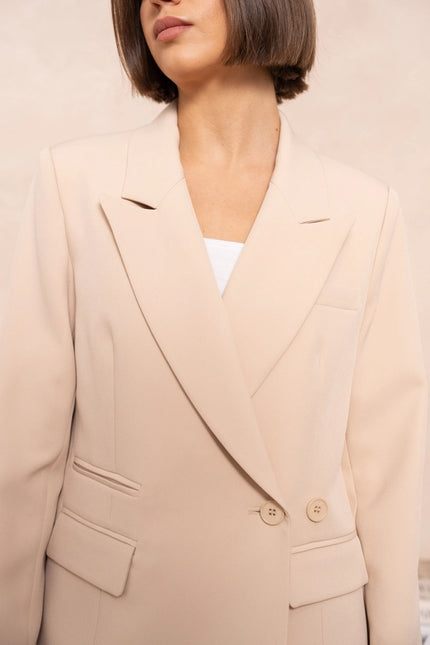 Signature Asymmetric Mid-Length Double-Breasted Plain Jacket Beige-Jacket-Attentif Paris-Urbanheer