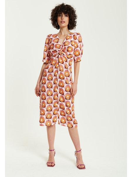 Liquorish Orange Floral Knot Front Midi Dress-Liquorish-Urbanheer