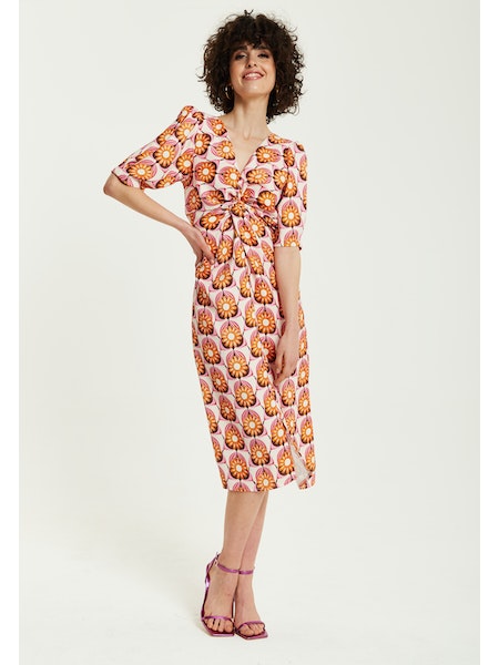 Liquorish Orange Floral Knot Front Midi Dress-Liquorish-Urbanheer