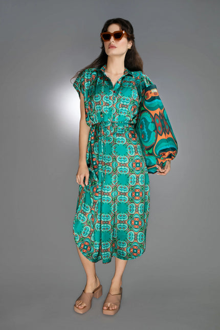 Teal/Orange Modern Relaxed Fit Satin Spread Collar Dress-Nuvula-Urbanheer