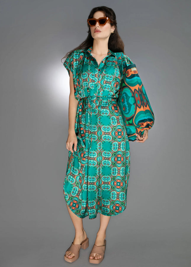 Teal/Orange Modern Relaxed Fit Satin Spread Collar Dress-Nuvula-Urbanheer