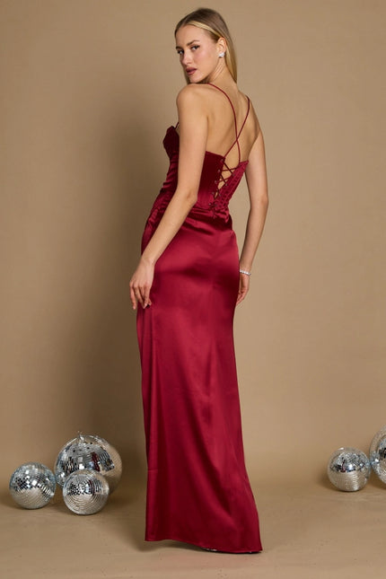 Dylan & Davids Corset Cowl Long Prom Dress Burgundy-Dress-Dylan & Davids-Urbanheer