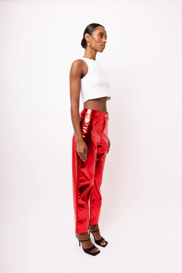 Lupe Straight Faux Leather Metallic Pants RED-Pants-Amy Lynn-Urbanheer